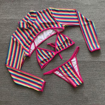 Bikini Thong Bikini Swimwear Swimming Suit Rainbow Stripe Rainbow E Printing Long Sleeve Bikini